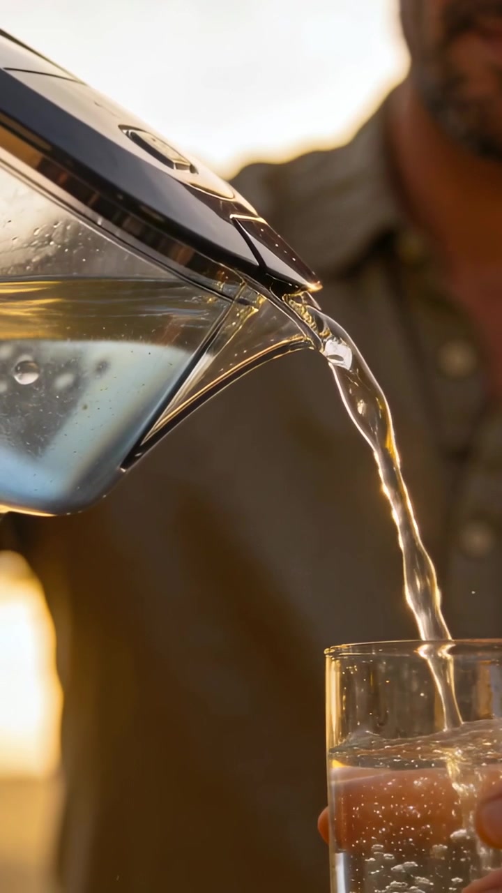 Vidéo verticale: Homme en chemise inclinant une bouilloire, versant de l'eau et remplissant un verre chez lui pour boire.