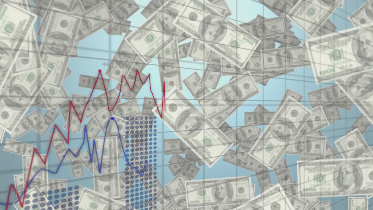 Falling dollar bills with fluctuating stock market graphs in animation
