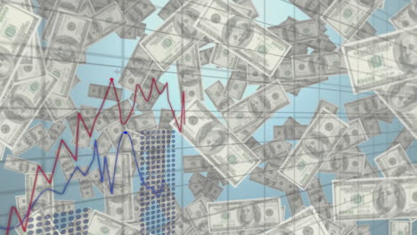 falling dollar bills with fluctuating stock market graphs in animation