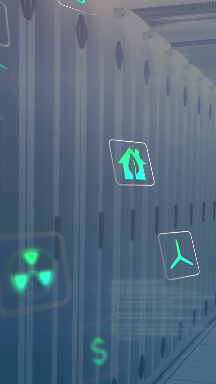 Animation af miljøikoner og databehandling over computerservere.