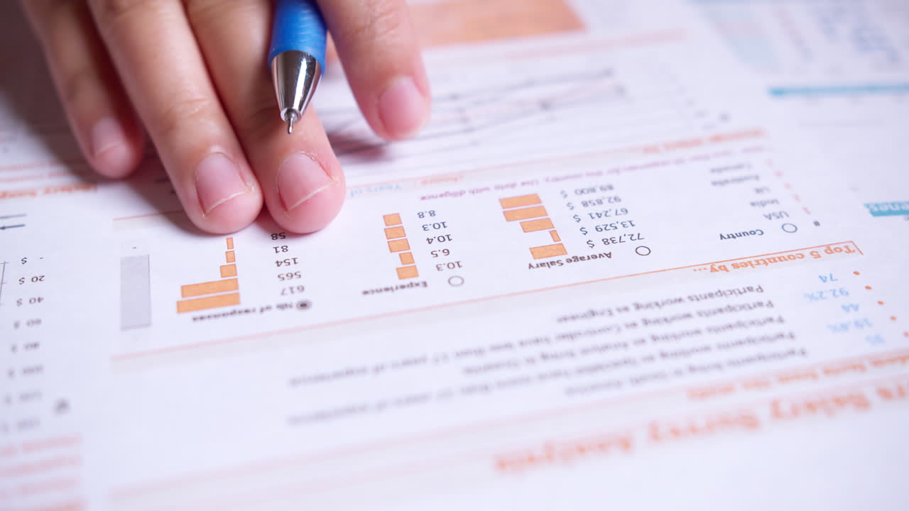 Close-up of businesswoman's hands with pen working at office desk and analyzing graphs and charts, profit report checking