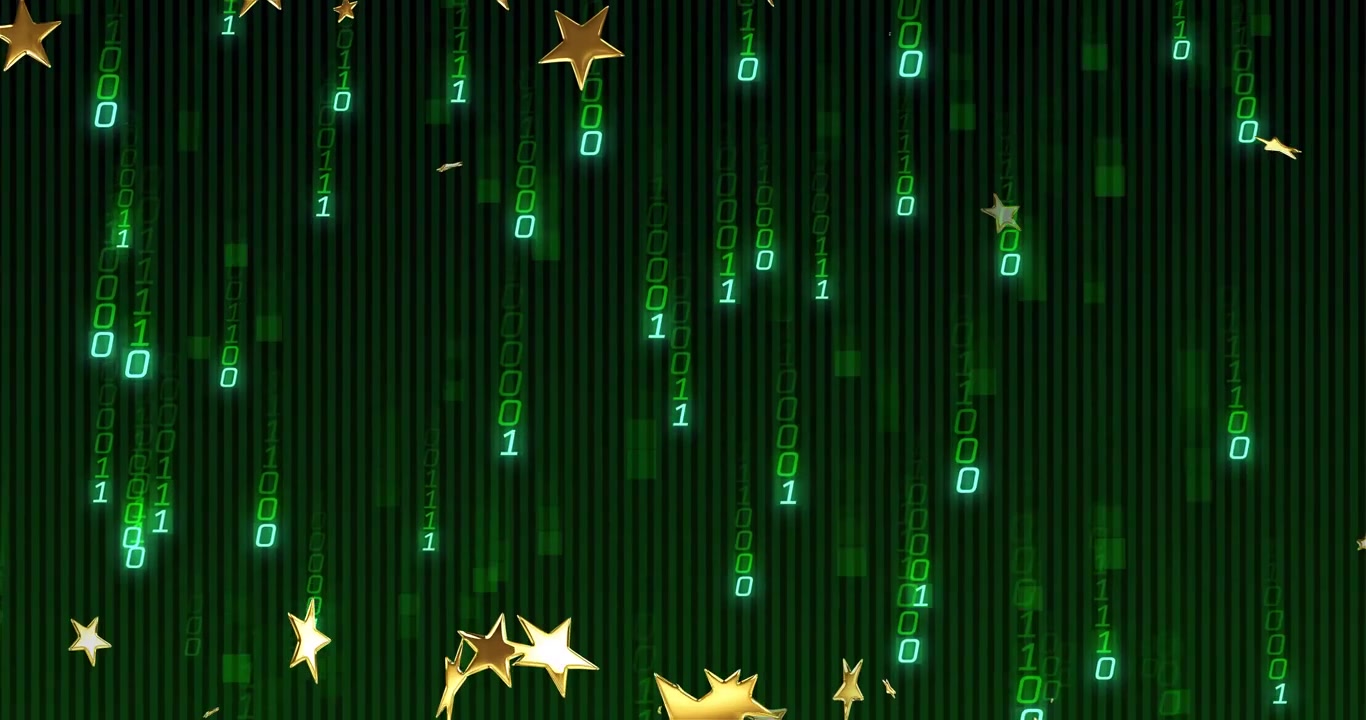 開始時に金色の星が下へ漂い、緑色のバイナリ数字がカスケード状に流れ落ちてデータフローを示す