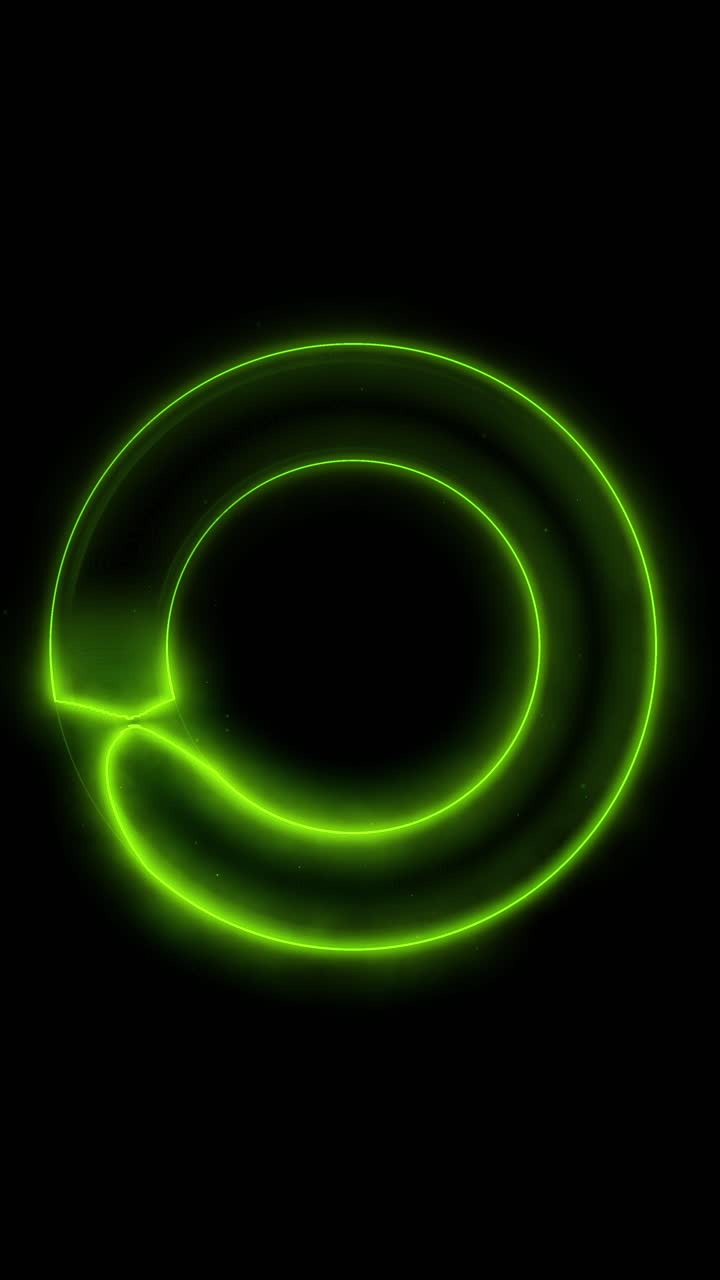 Flickering green neon circles rotating, seamless loop for social media on black background