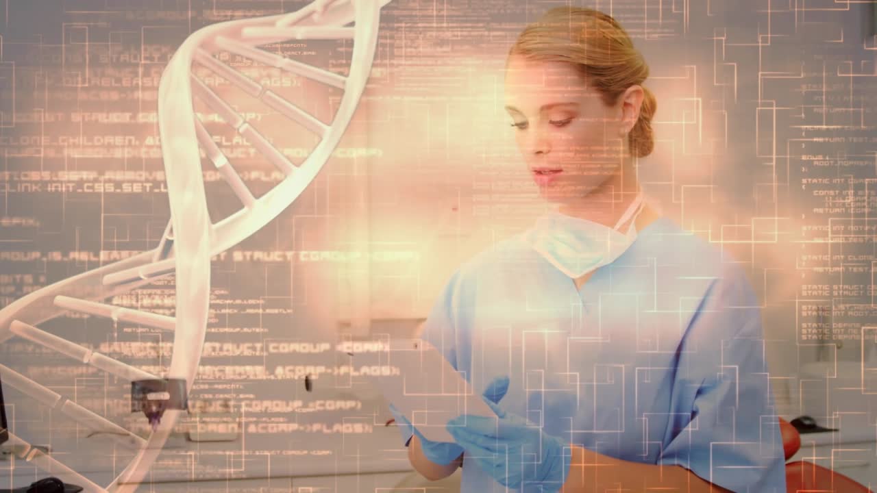 Animation of medical data processing over female dentist