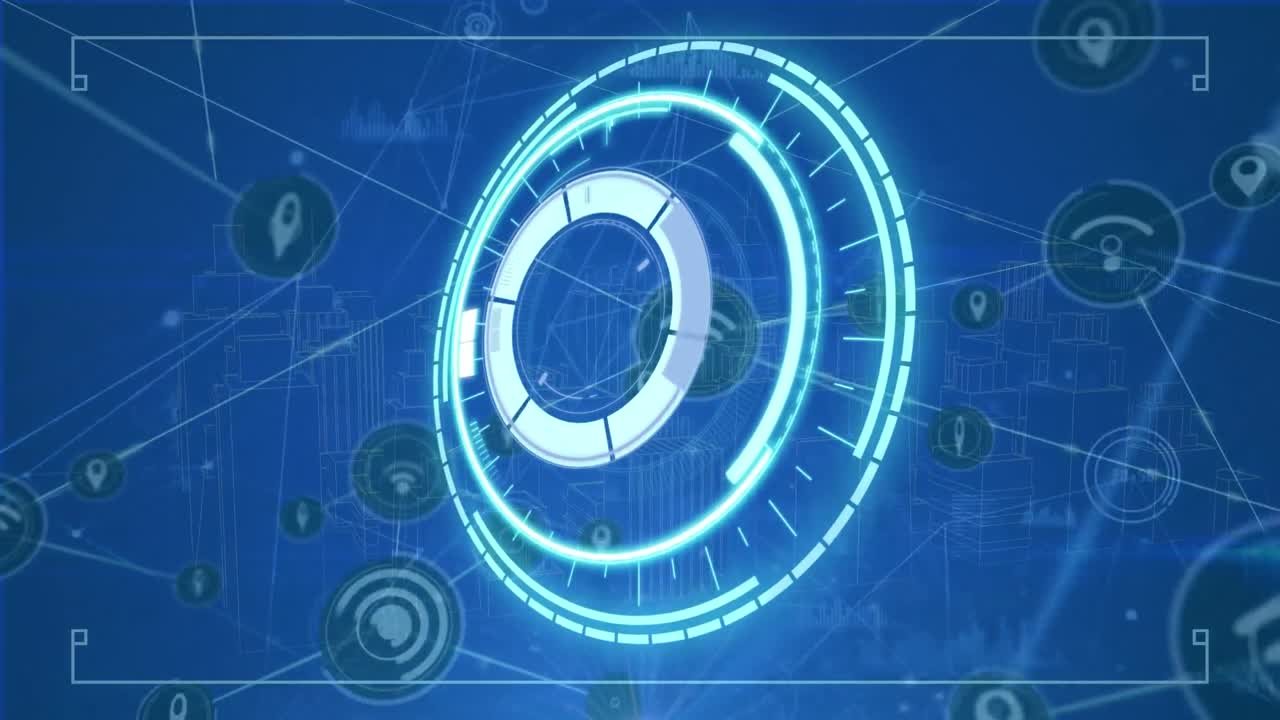 animación de escáner redondo de neón y red de iconos digitales contra el modelo giratorio de la ciudad 3d