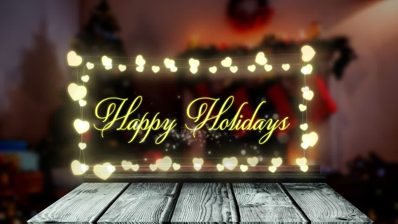 장식 된 집 에 대 한 나무 판 위 에 요정 빛 배너 에 행복 한 휴일 텍스트의 애니메이션