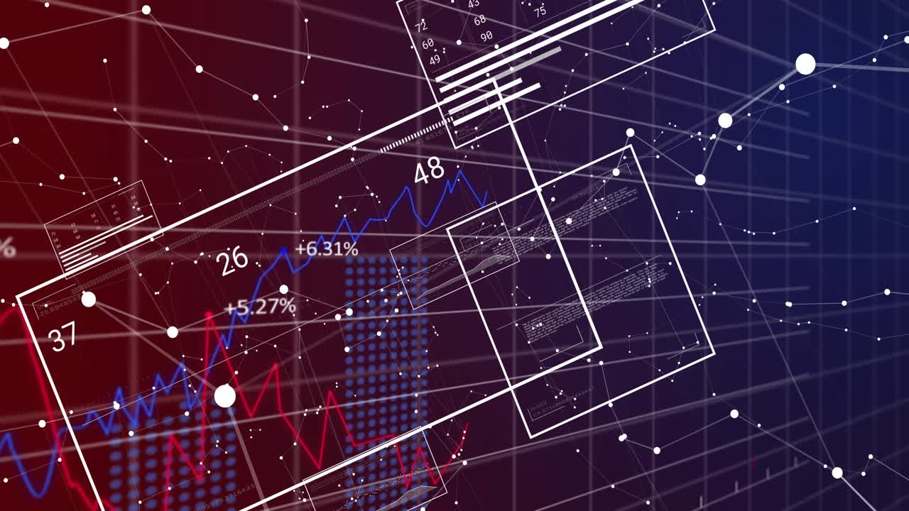 Upon initialization, wireframe panels appearing and updating, flowing graphs showing data trends