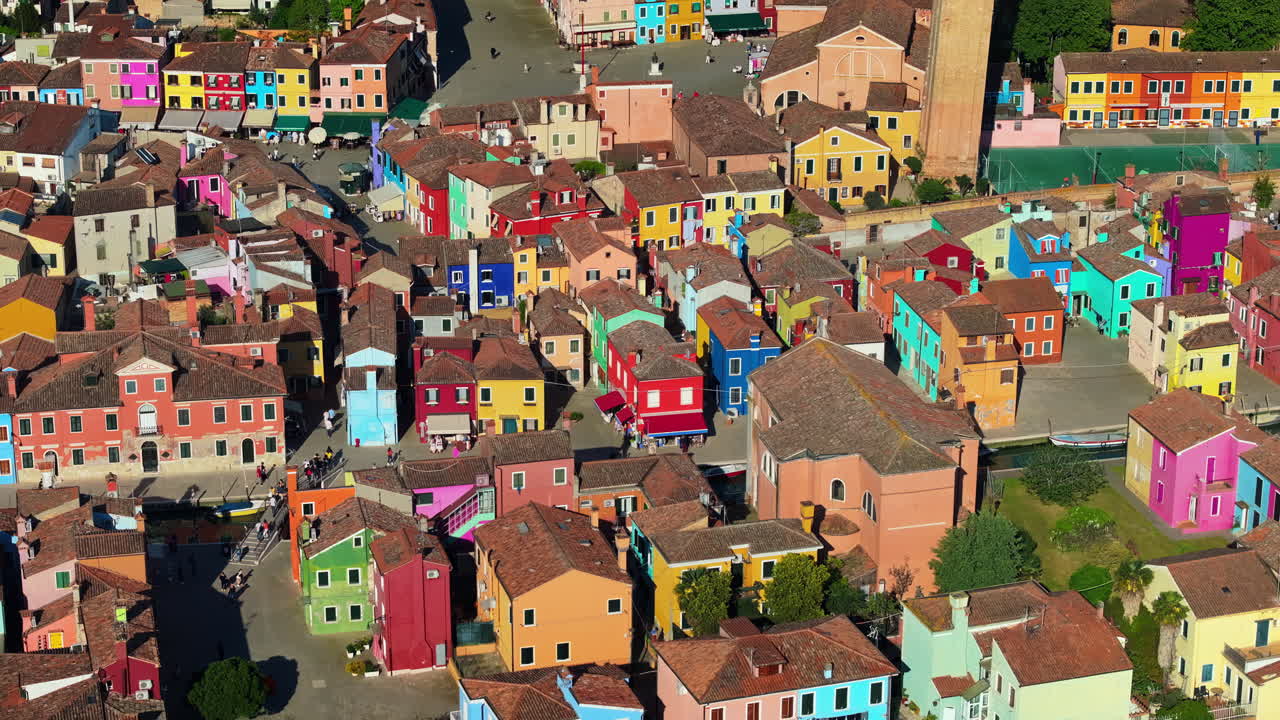 Aerial drone view of the colourful houses of Burano Island, Italy