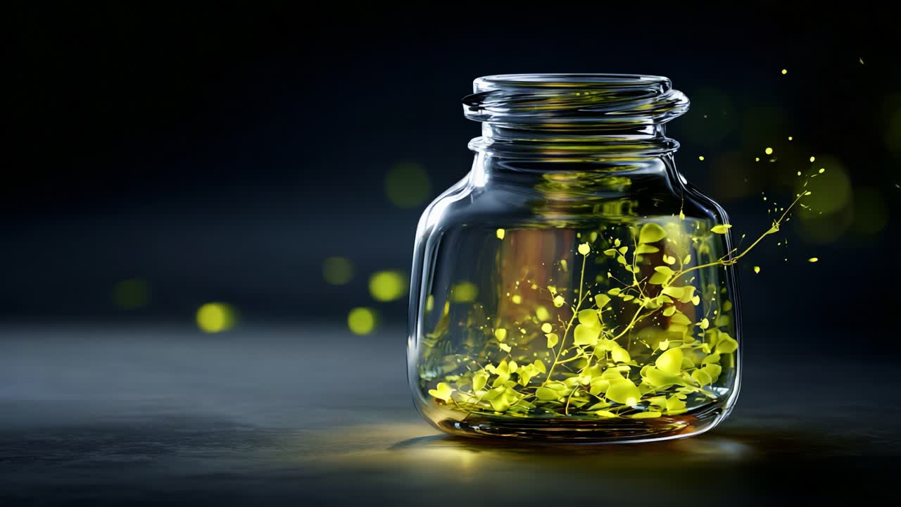 A mesmerizing glass jar filled with vibrant yellow liquid and swirling particles, illuminated against a dark backdrop, capturing the essence of creativity and innovation in a single frame