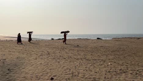 Silhouetted-poor-migrant-women-carrying-wooden-logs-on-their-head-on-Tajpur-beach-during-sunset-in-India