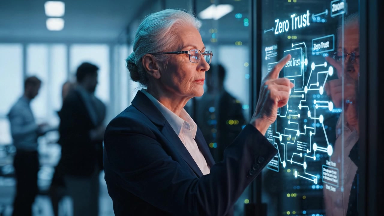 A Professional Woman Analyzing Data on a Digital Screen in a Modern Office Environment, Focusing on Security Principles and Zero Trust Framework
