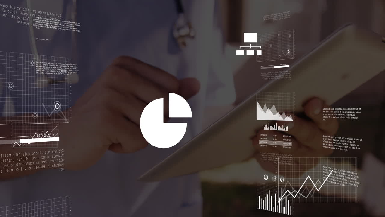 Doctor using tablet with data processing and analytics charts overlay animation