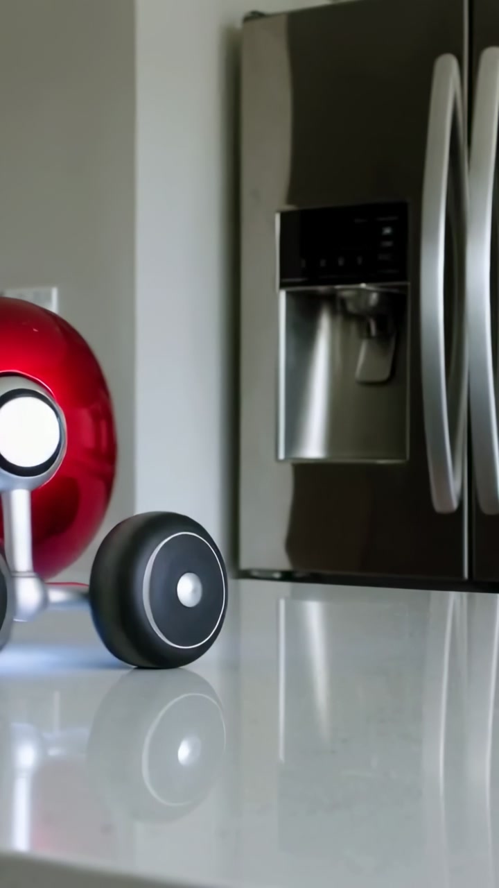 Lighting up, red apple robot rolling across glossy kitchen counter toward fridge showing mobility