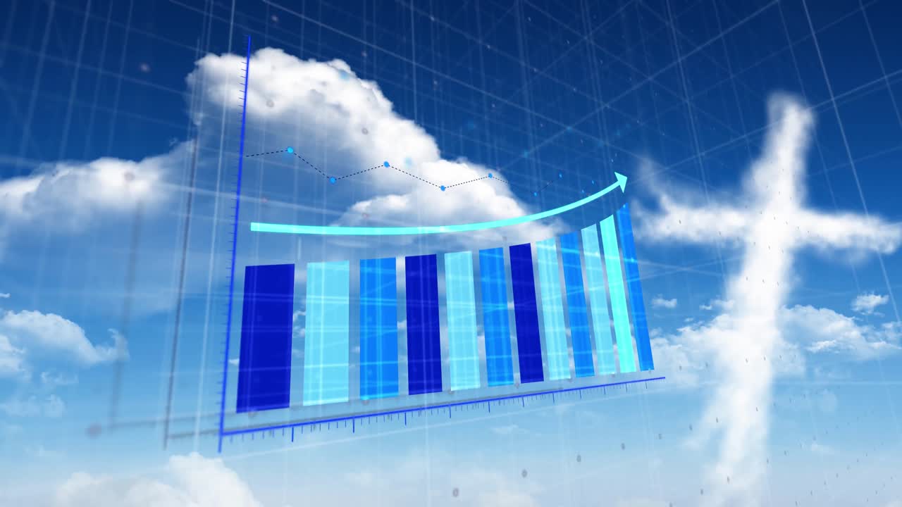 Animation of statistical data processing over grid network against clouds in the blue sky