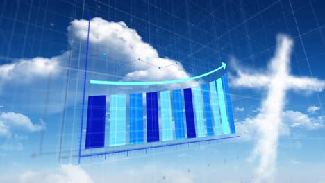 animation of statistical data processing over grid network against clouds in the blue sky