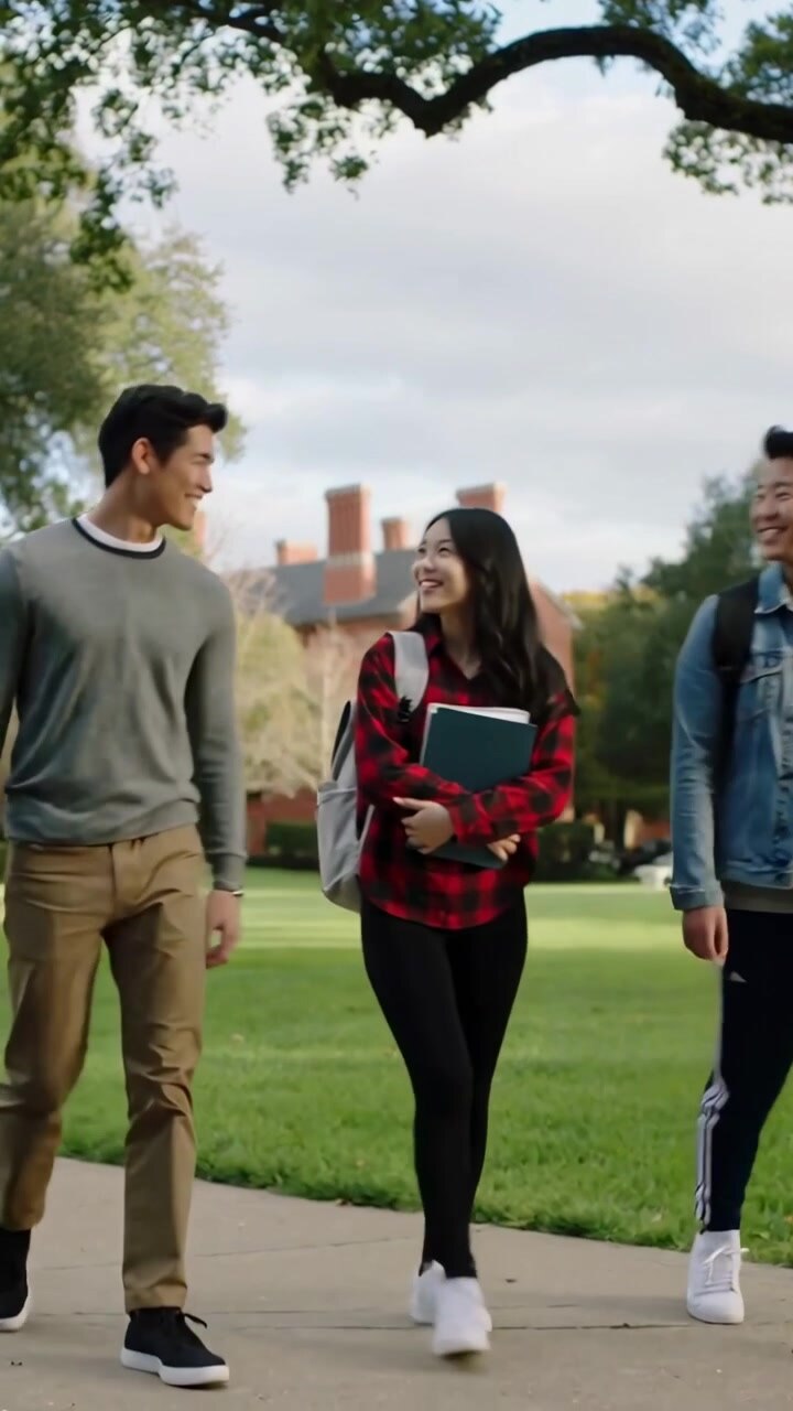 Video verticale: Terzo studente che si unisce a un trio che cammina su un sentiero del campus con zaini e un quaderno color verde acqua.