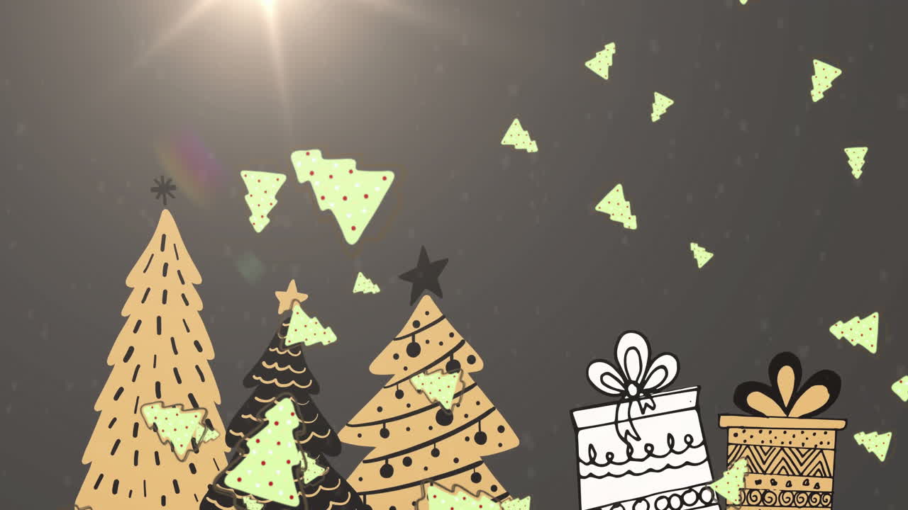Animation of christmas trees and presents on black background