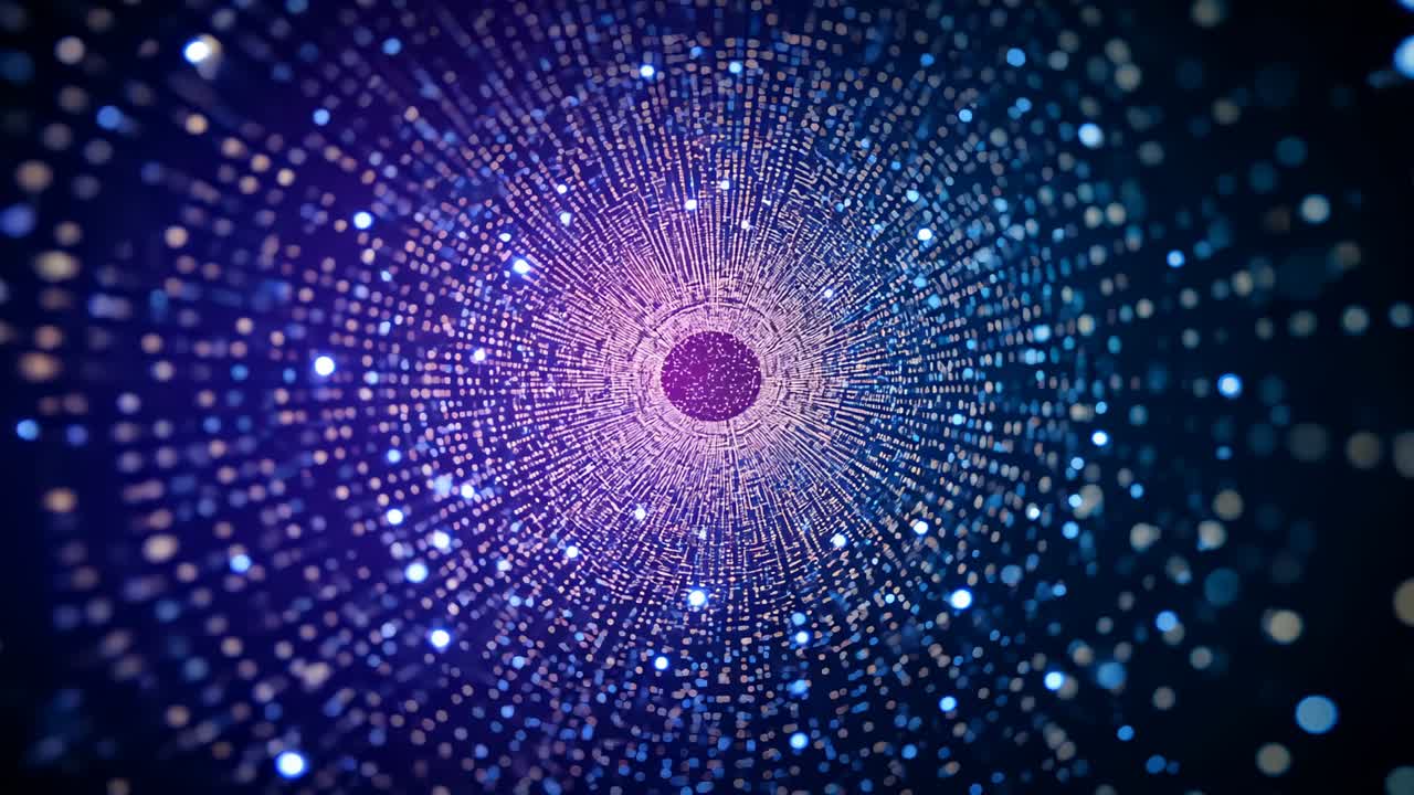 Starting with overhead view, digital tunnel spinning inward in void, pulsing radial lines