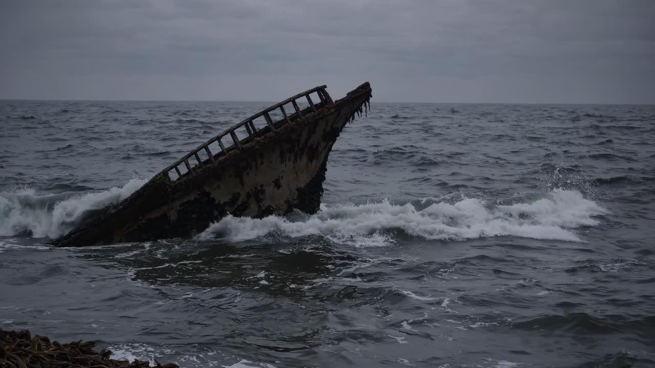 A dramatic low-angle shot of a shipwreck's bow emerging from turbulent waves under a cloudy sky