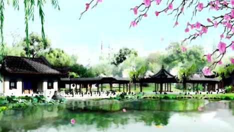 Paisaje-Misterioso-Arte-Digital-Oriental-Tradicional-De-China-Animación-Ciudad-Estanque-Escenario-De-Estilo-Chino,-Tinta-De-Pintura-Retro-China-Montaña-Brumosa-Con-Flores,-árboles,-Pájaros,-Río-En-Fondo-De-Niebla