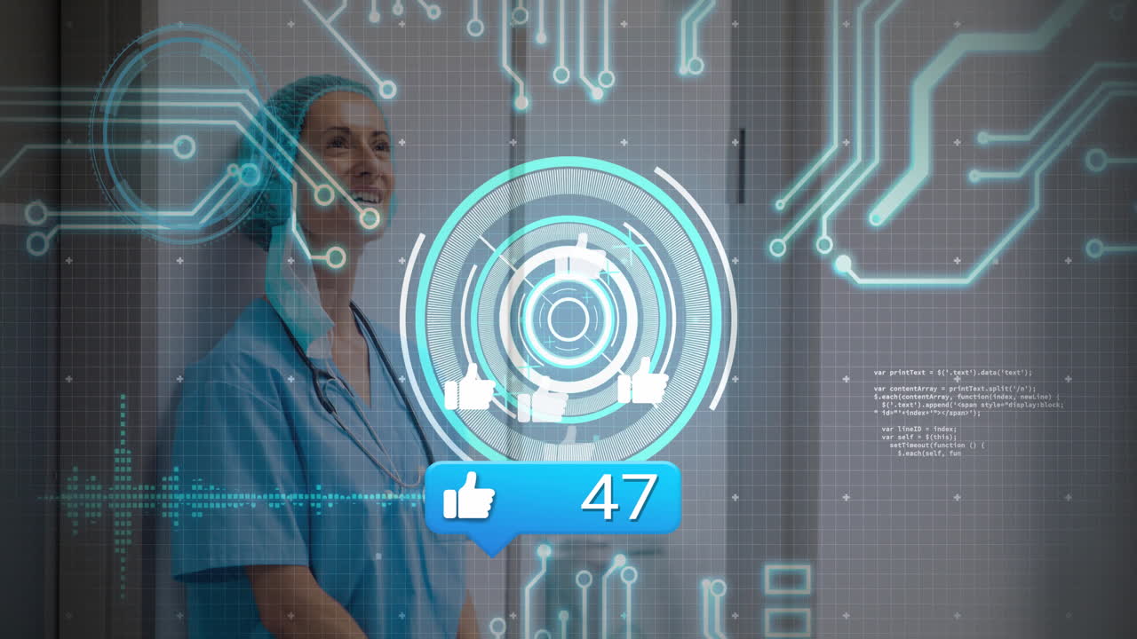 Healthcare worker smiling with digital circuit and animation of social media likes