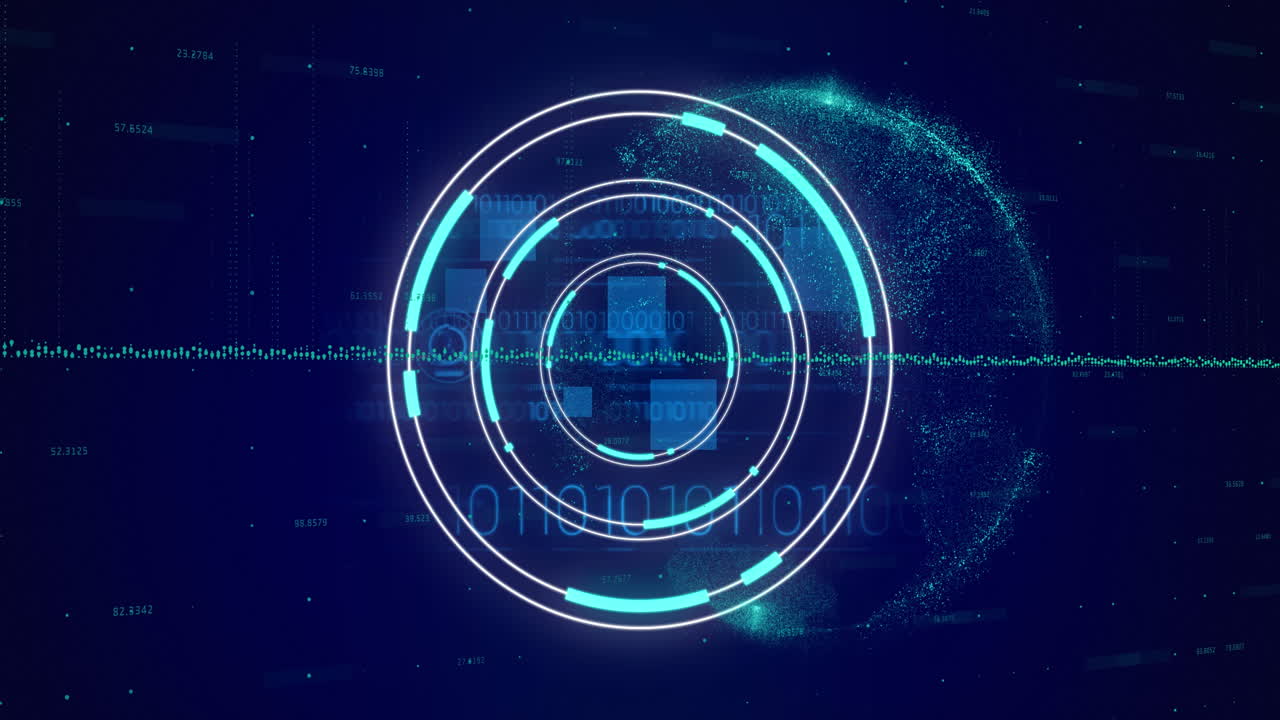 Animation of scope scanning and data processing over binary coding on blue background