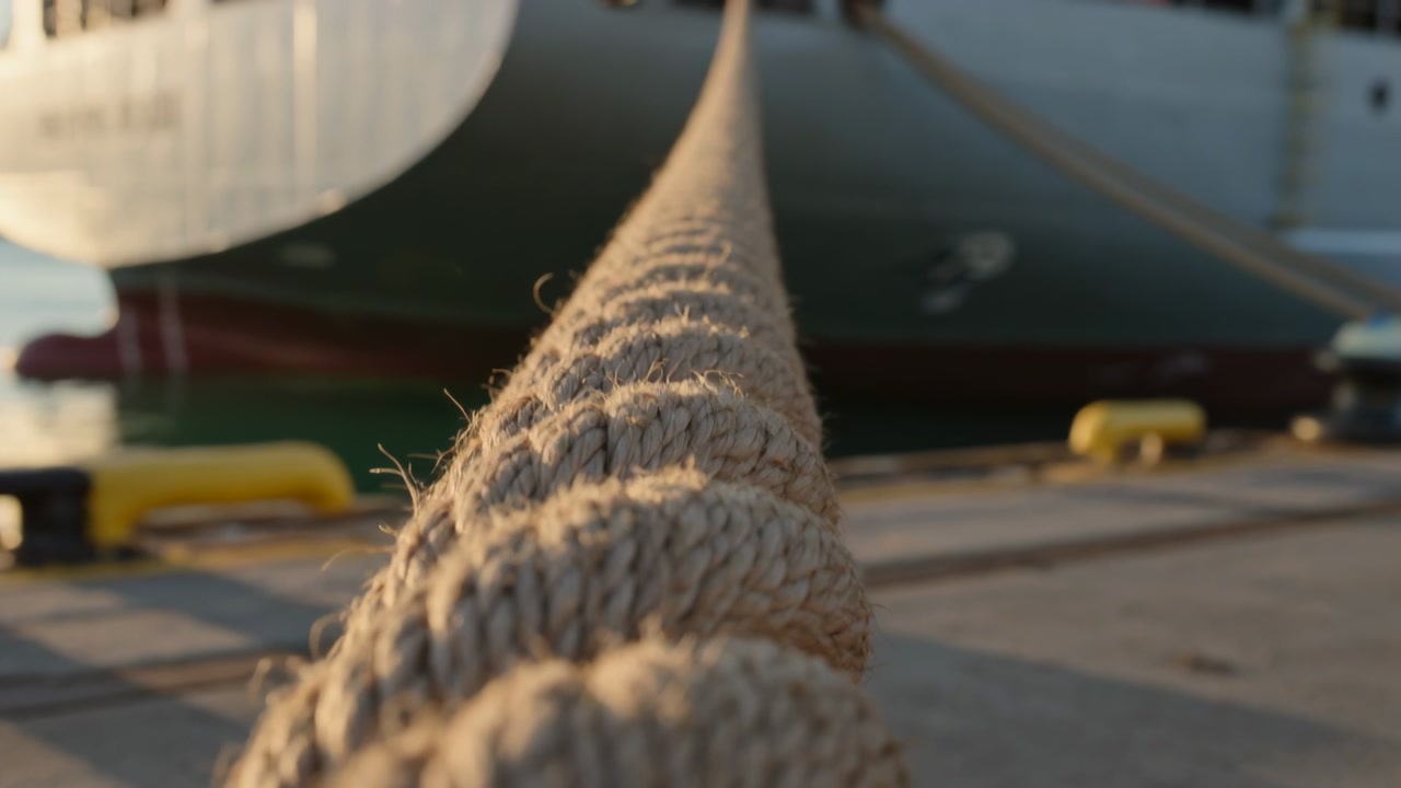 Starting rack focus braided mooring rope leading toward ship at quay, securing vessel in warm light