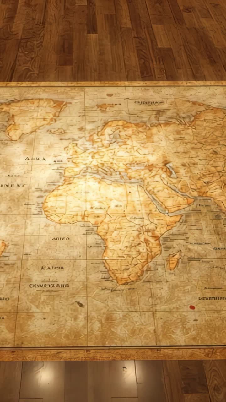 Vertical video: Camera tilting revealing vintage world map on wooden tabletop, showing aged tones