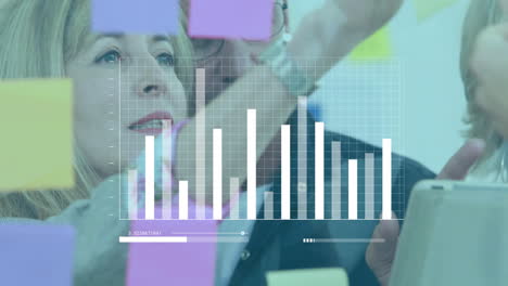 animation of financial data processing over diverse business people in office