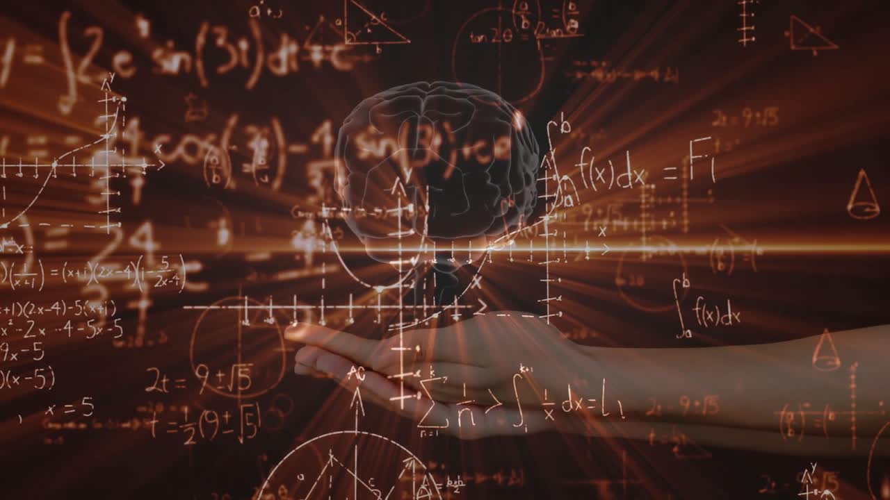 After equations fading in, hand entering cradling 3D brain, orbiting symbols visualizing science
