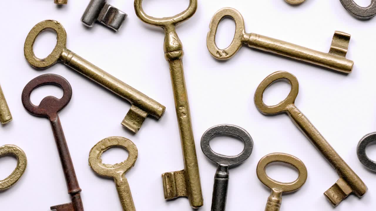 색 배경 위에 회전하는 오래된 키