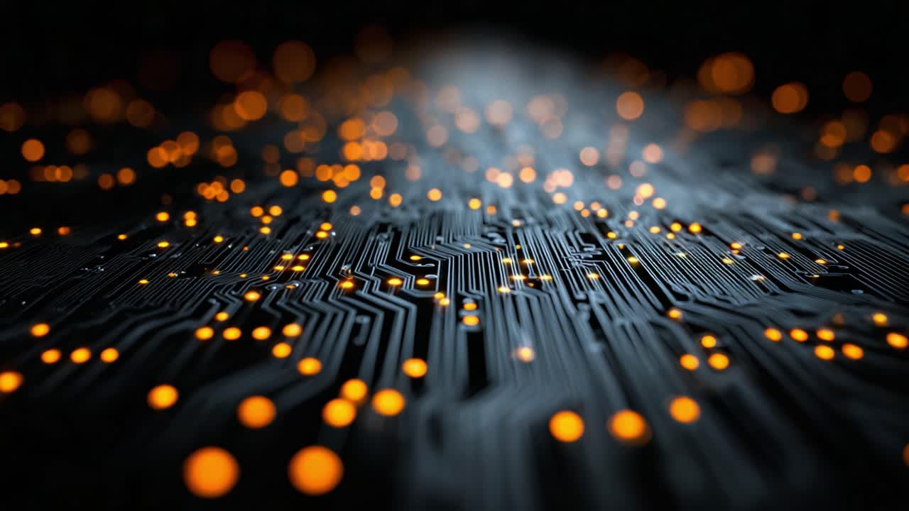 An Abstract View of a Circuited Pathway Illuminated by Glowing Orange Nodes, Showcasing the Intricate Design of Modern Technology and Digital Connectivity