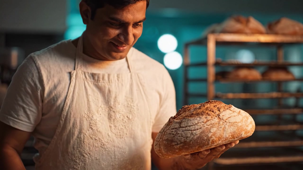Dedicated Baker Holding Freshly Baked Artisan Bread, Smiling with Joy in a Warm and Inviting Bakery Environment, Showcasing the Craft of Bread-Making