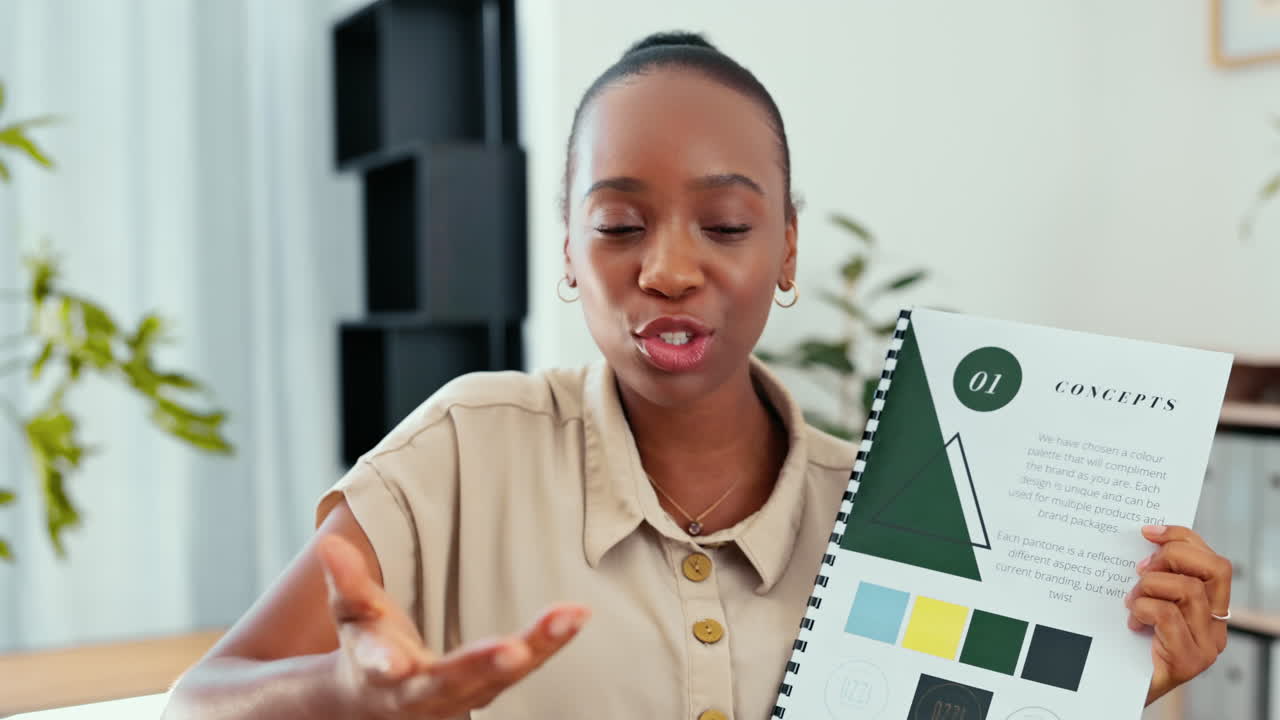 Face, black woman and video call with paperwork