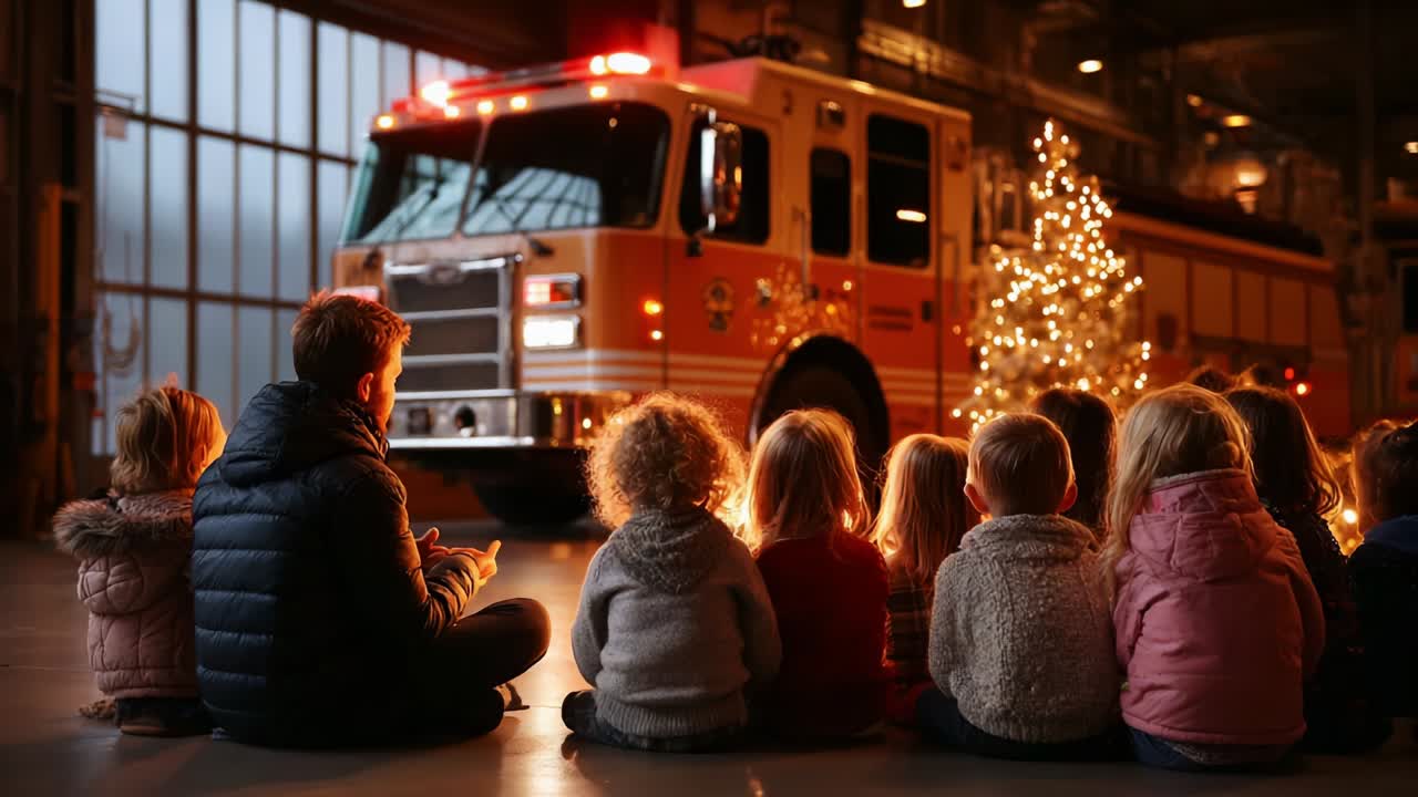 A group of children sits captivated in front of a fire truck in a dimly lit garage, as they enjoy a cozy holiday gathering, watching a presenter near a decorated Christmas tree adorned with shining lights