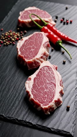 raw beef steaks with spices and peppers