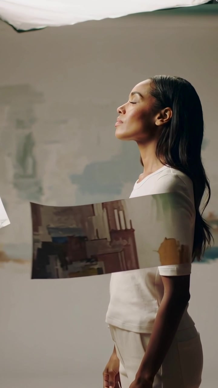 Video verticale: Una donna in bianco con la testa inclinata e gli occhi chiusi, illuminata da luci provenienti da sinistra, su uno sfondo da studio con softbox.