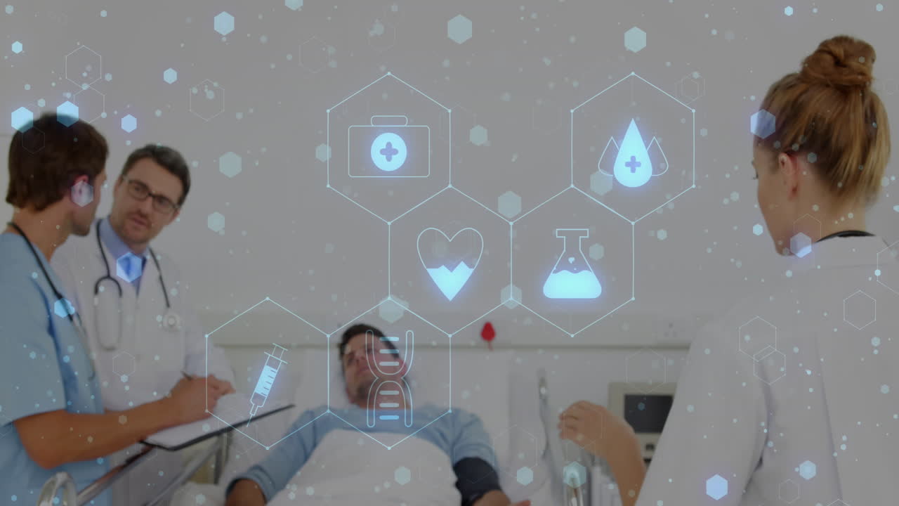 환자와 대화하는 백인 의사들에 대한 의료 아이콘의 애니메이션