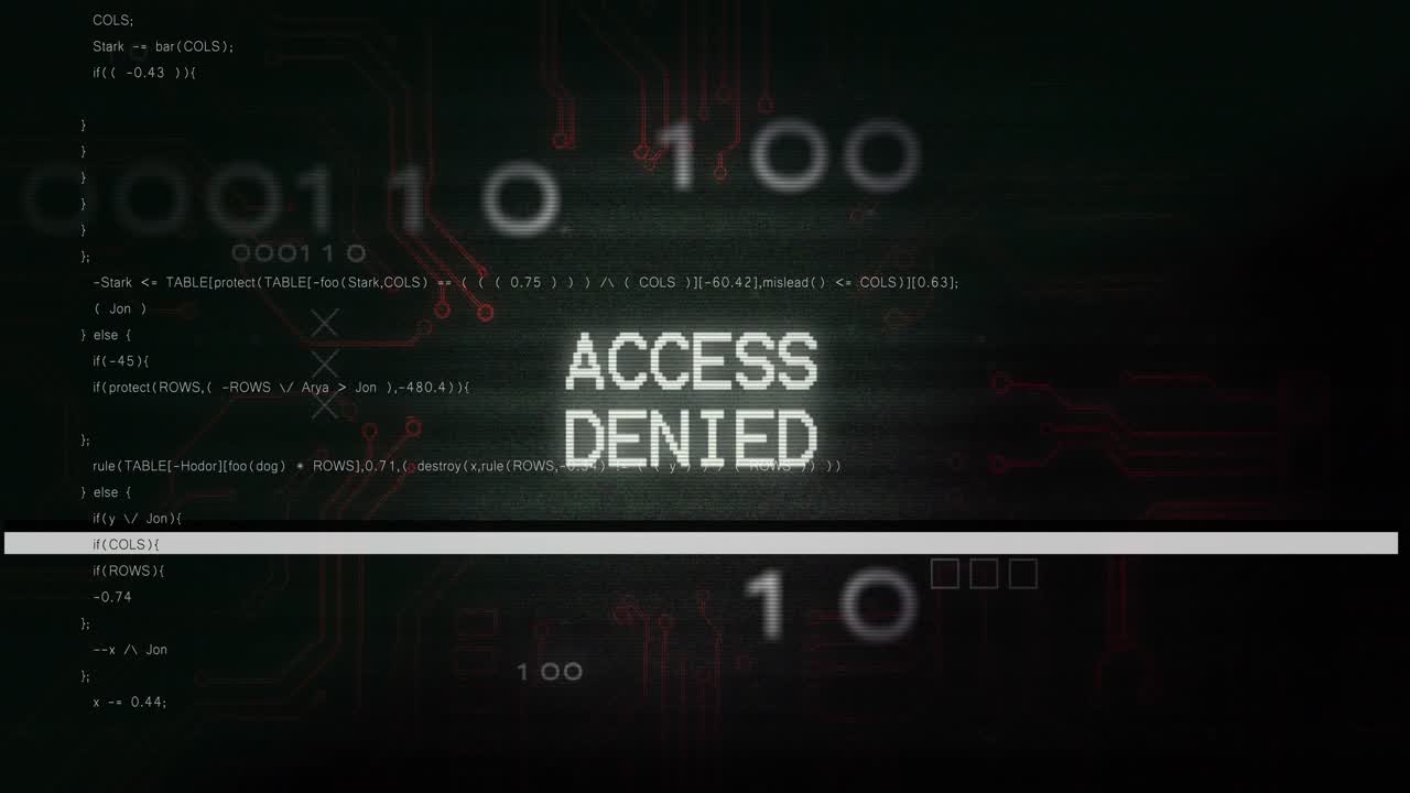 ACCESS DENIED pulsing and glitching when faint word showing code and bits scrolling to block access