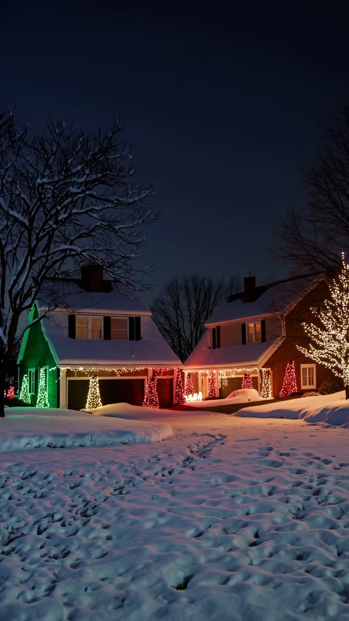 A cozy winter night scene with snow-covered houses adorned in festive lights