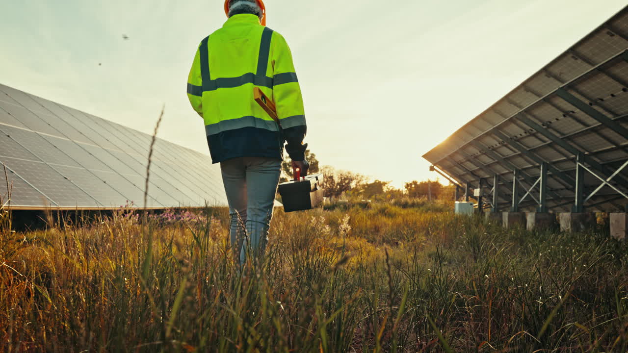 Man at solar panel farm with tools