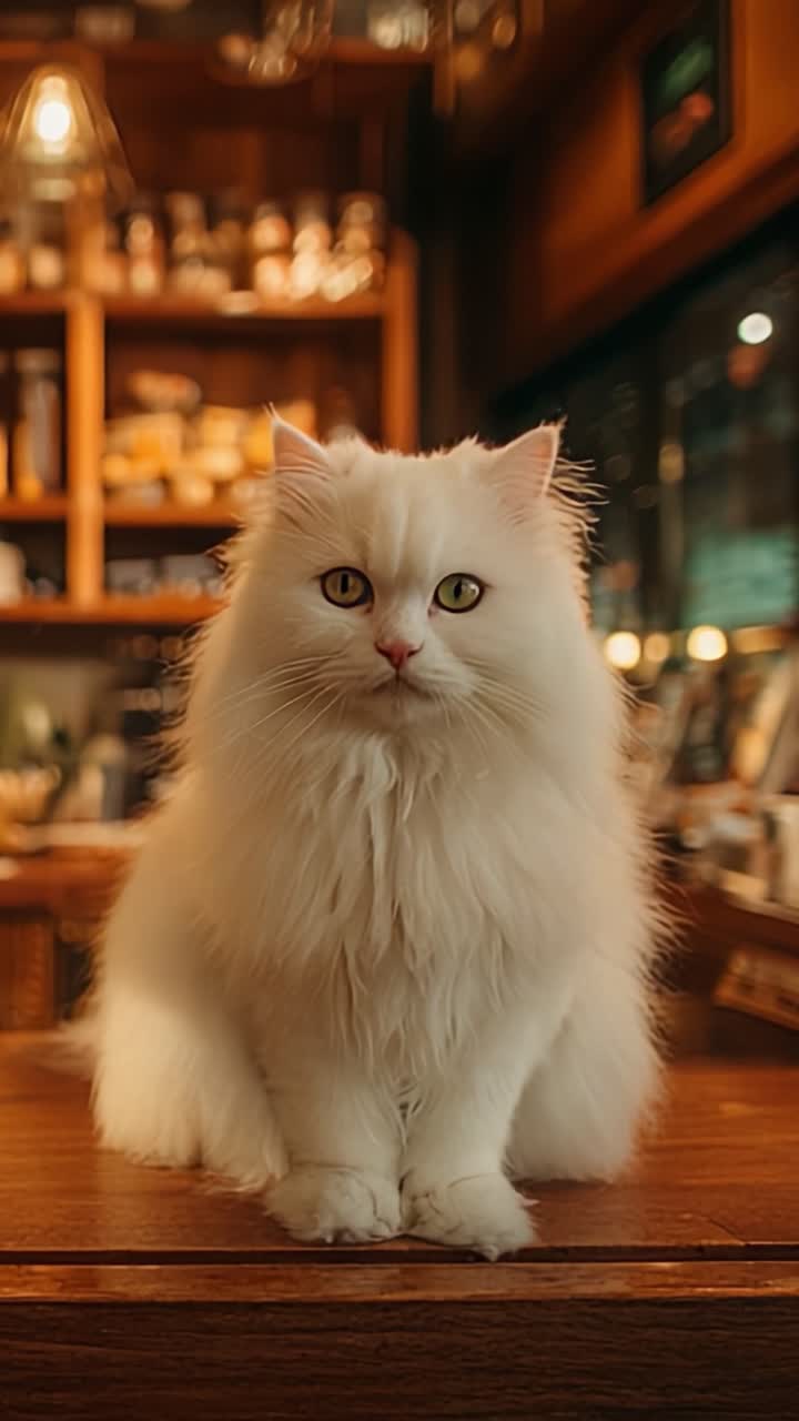 Kucing Putih Megah dengan Mata Kuning yang Mencolok Memancarkan Keanggunan Saat Duduk di Meja Kayu Dikelilingi oleh Suasana Kafein yang Nyaman