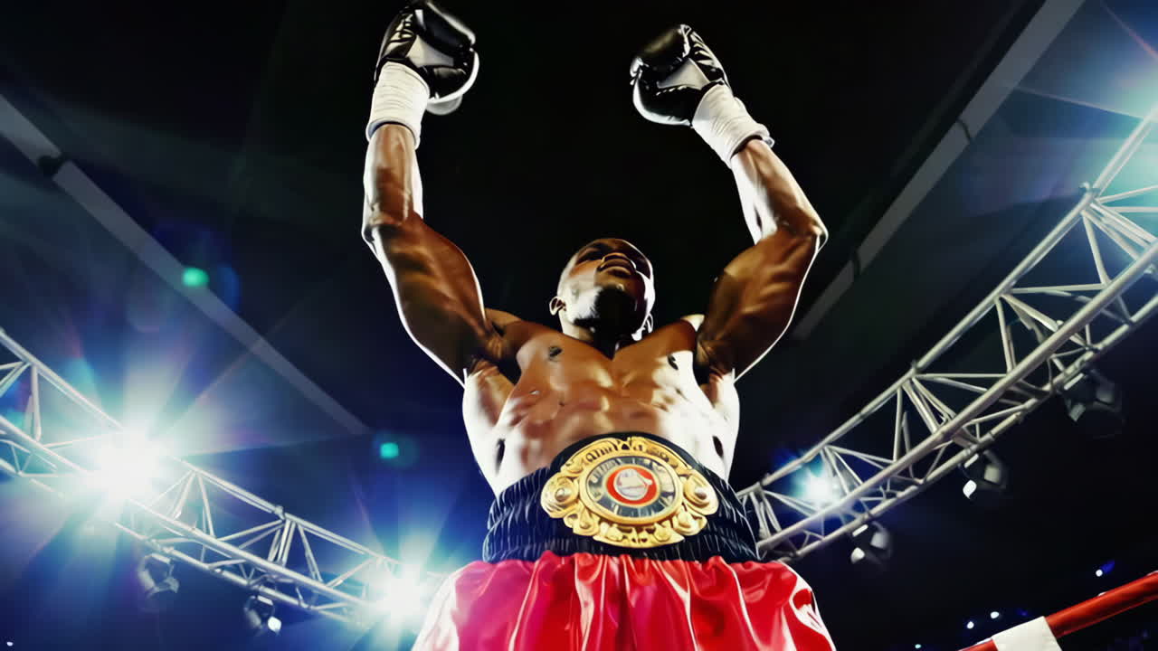 el campeón de boxeo celebrando la victoria en el ring