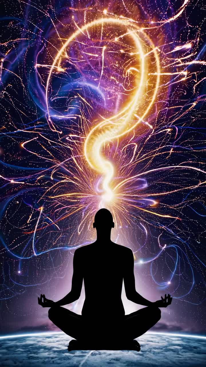 Silhouette di una figura in meditazione con energia vibrante e vorticosa sopra