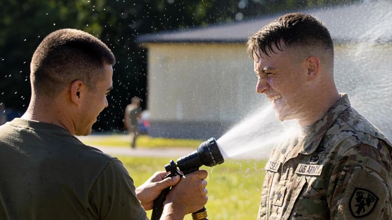 Soldat tar frem munnstykket og spruter lekent med slangen på en kamerat på feltet, og dynker ham.