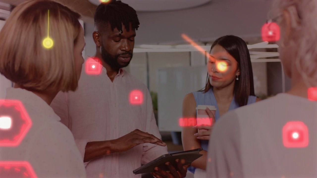 Man tapping tablet team watching business demo in lounge animated hexagons overlaying cup and faces