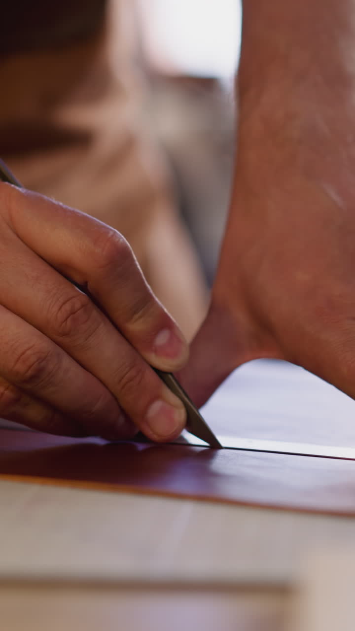 Professional worker cuts leather material with ruler and knife at workbench in craft studio closeup. Preparation of future product details. Manual work