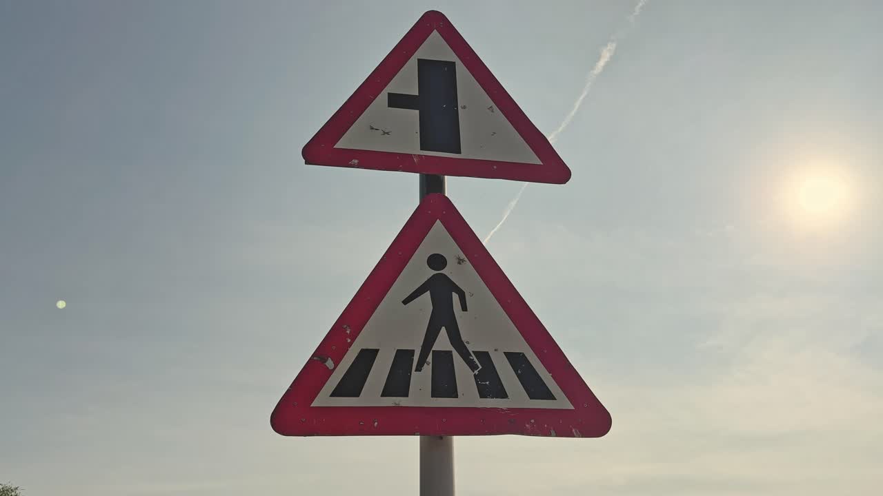 Tilt-up video shot showing a T-intersection ahead warning sign above a pedestrian crossing sign, alerting drivers to an upcoming road junction and zebra crossing on a highway in India