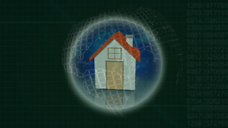 icono de la casa sobre un globo giratorio contra el procesamiento de datos en fondo verde