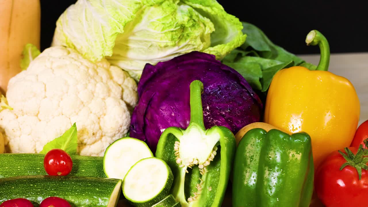 검은 바탕 에 배열 된 여러 가지 채소